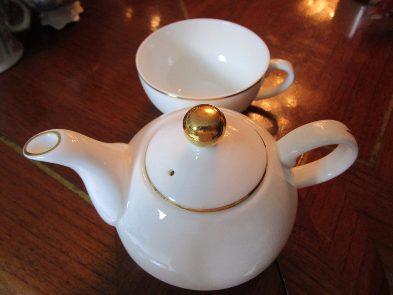 Vintage Royale Stratford England Nesting Teapot With Cup Gold Rim Orig TP4]