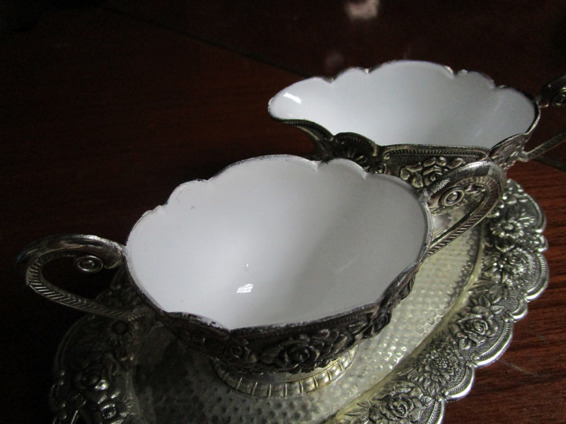 Magnificent creamer/sugar/tray repousse silverplate ceramic painting inside[*]