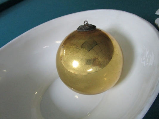 Kugel Germany Antique Genuine Christmas ornament hand blown glass yellow 4"^^