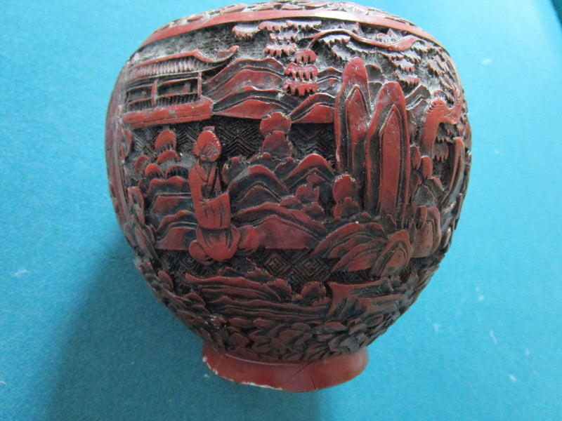 Antique Chinese Cinnabar Vase 5 x 5 1/2"[bxcloissone]