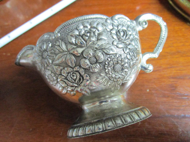 Magnificent creamer/sugar/tray repousse silverplate ceramic painting inside[*]