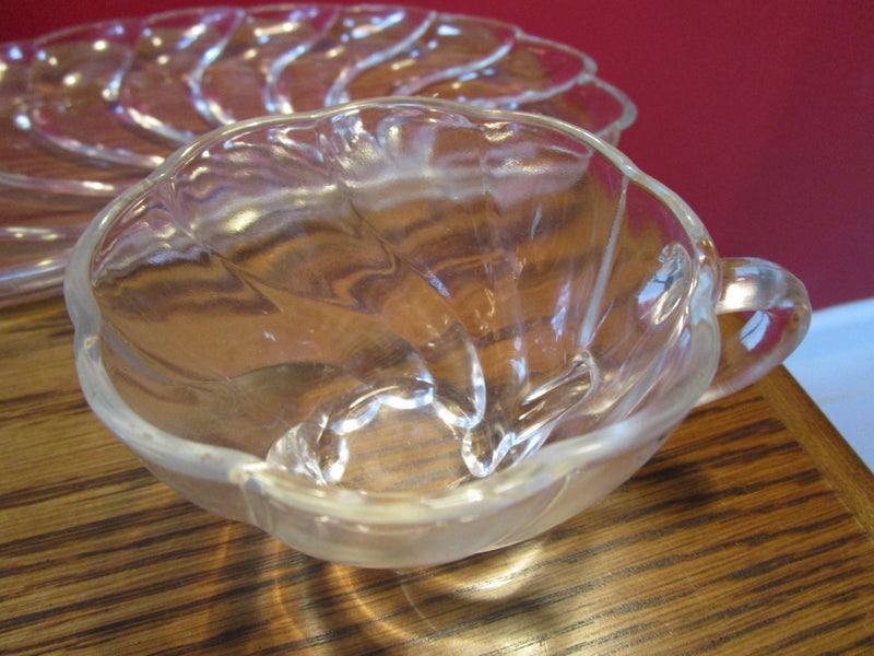 Hazel Atlas COLONIAL SWIRL 4 Glass Snack Tray & Cup Set Sea Shell Plate ^^^^