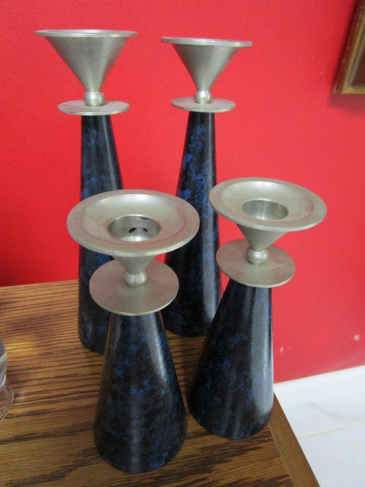 CERAMIC AND SILVERPLATE CANDLESTICKS, SET OF 4 PIECES MODERN DESIGN SET