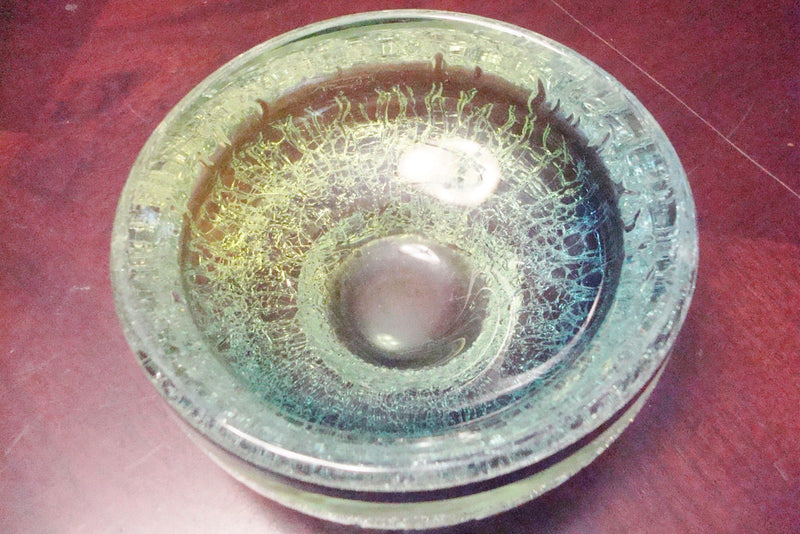 Signed footed  Kosta Scandinavian Ashtray BOWL CANDY DISH green crackled glass