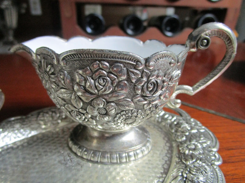Magnificent creamer/sugar/tray repousse silverplate ceramic painting inside[*]