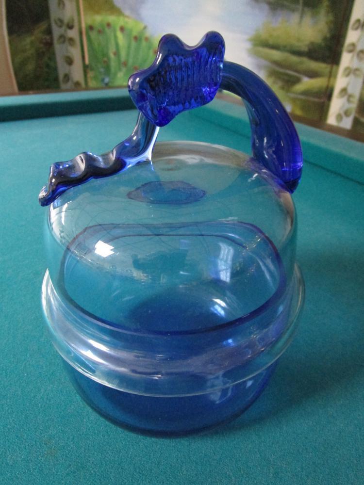 Pair Blue Glass Covered Container/Candy Dish Cookie Jar With Handle 7 1/2 X 6"