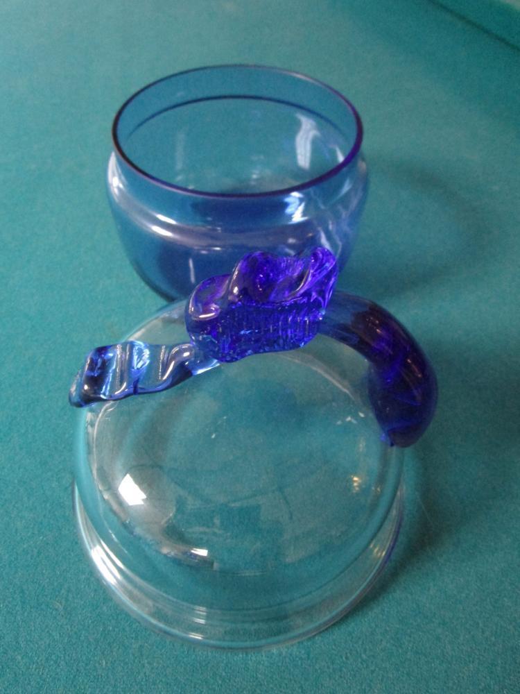 Pair Blue Glass Covered Container/Candy Dish Cookie Jar With Handle 7 1/2 X 6"