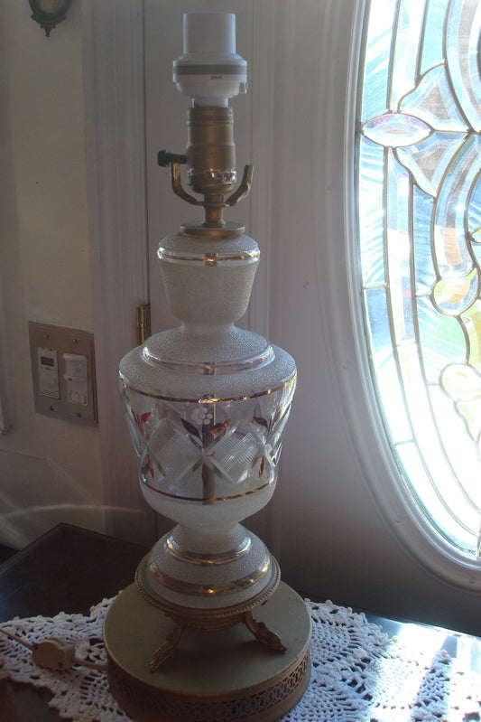 Glass Table Lamp With Electrical Timer, It Is Pressed Glass With Gold Decoration