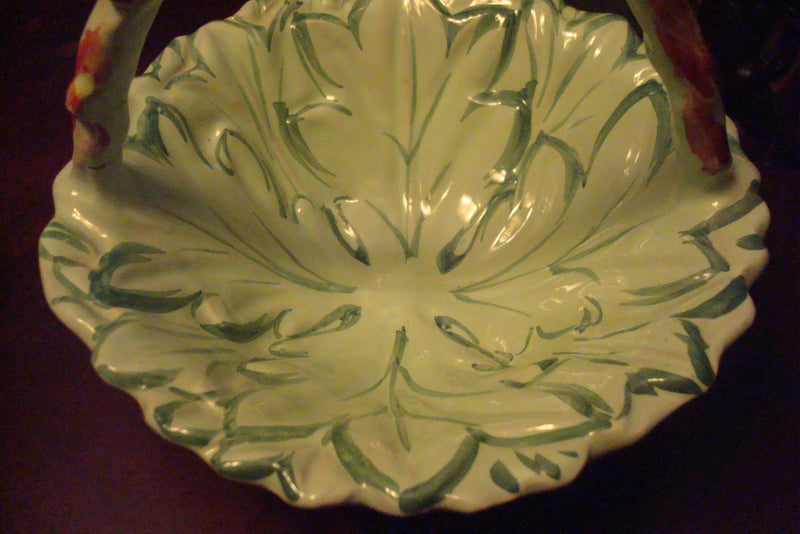 Italian Majolica basket, handpainted, 6" tall by 7" diam, numbered