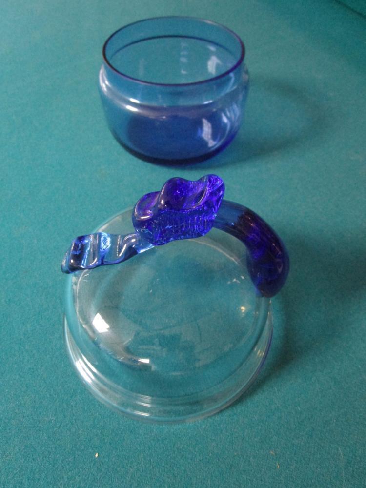 Pair Blue Glass Covered Container/Candy Dish Cookie Jar With Handle 7 1/2 X 6"