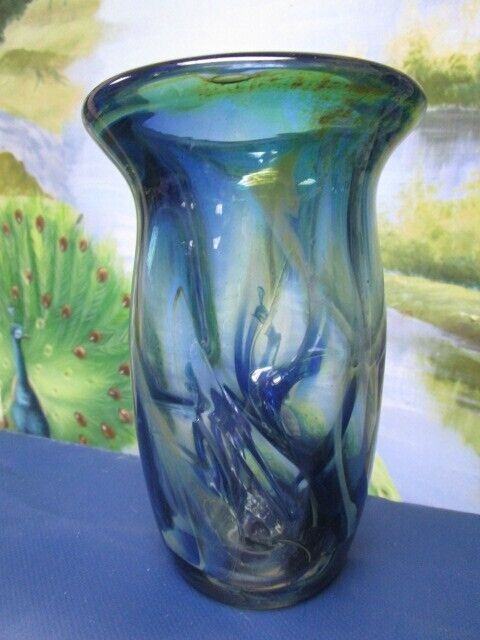 Michael Boylen (born 1935) art glass studio blue vase 6 x 4" signed  ^^^