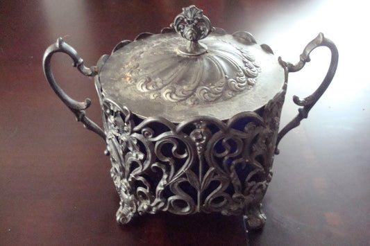Antique Victorian E.G. Webster SUGAR BOWL silverplate & BLUE COBALT INSERT