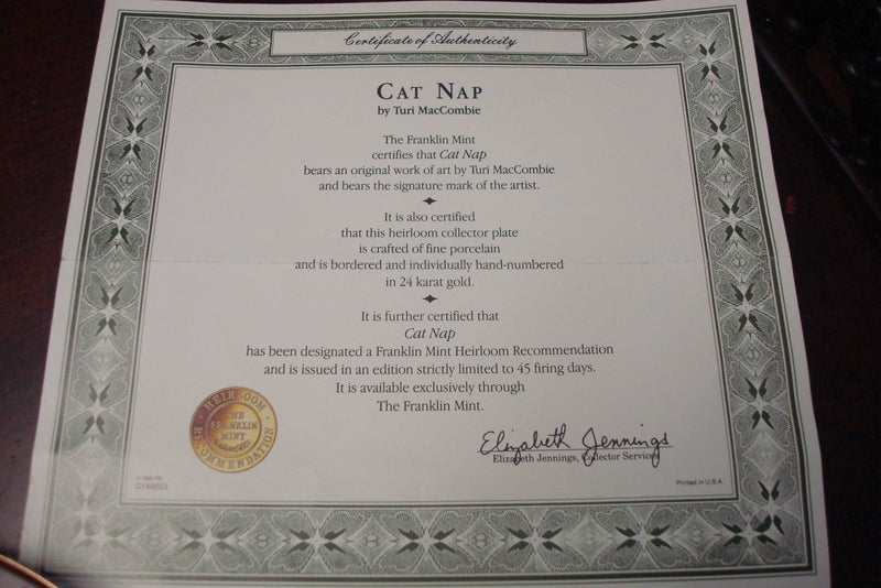Turi MacCombie CAT NAP Franklin Mint Collectors Plate Limited Edition  w/COA ^^