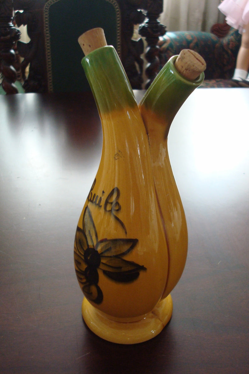 French Siamese Vinaigrette/Huile Bottle, Hand Painted, With Cork Stoppers FRANCE