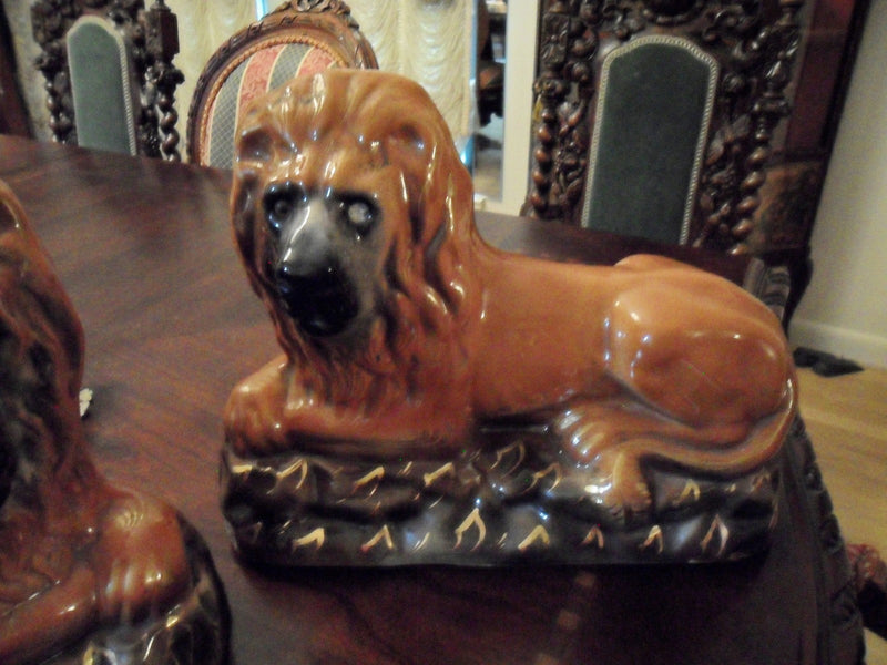 Bo'ness Pair Pottery Lions 19th Century Scotland C1890.Glass eyed, original.[1st