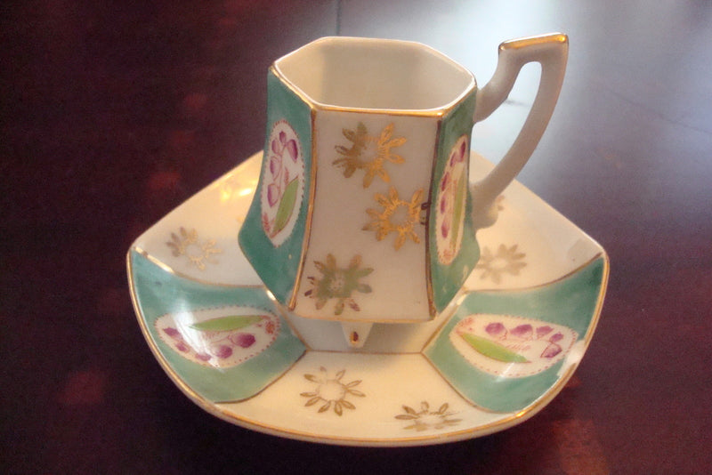Royal Sealy Japan set of 4 coffee cups and saucers, green, gold and flowers [80D