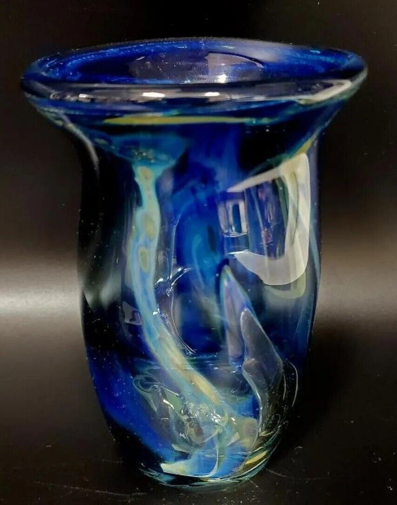 Michael Boylen (born 1935) art glass studio blue vase 6 x 4" signed  ^^^