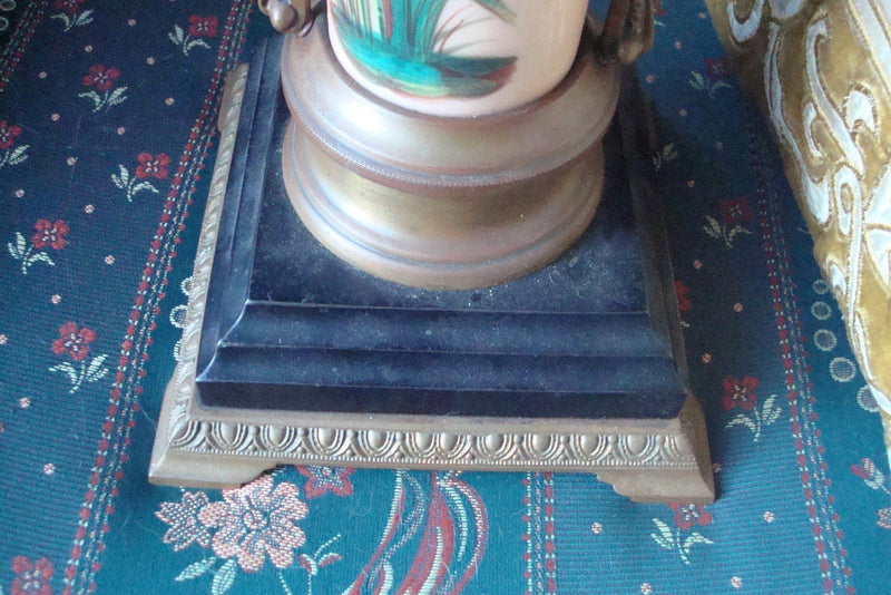 Mid Century candle holder brass and ceramic, handpainted birds original 13"