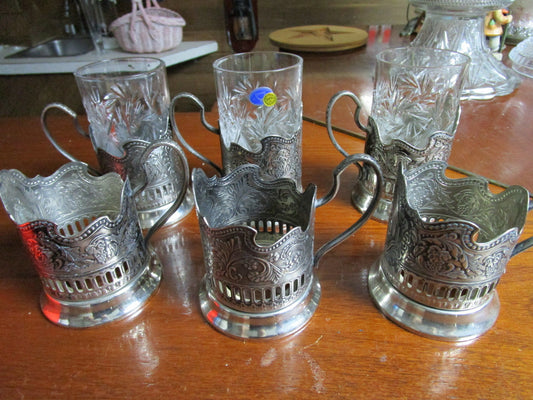 Russian MHU SPUTNIK 3 glasses & 3 ornated silverplate holders & 3 holders, 9pcs