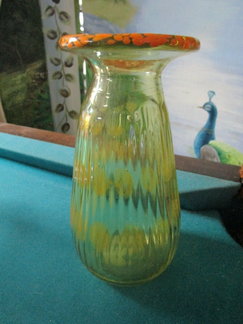 GLASS STUDIO VASE RIGADEE RIBBED GREEN CLEAR YELLOW ITALIAN  SIGNED  PICK 1