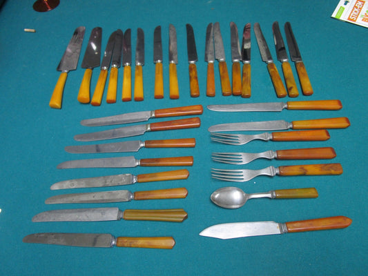 BAKELITE HANDLE, 37 PCS, KNIVES, SPOONS, SERVERS AND FORKS