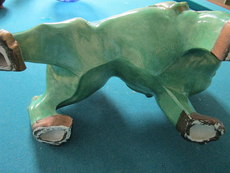 Foo dog by pottery studio signed Brian Lee, green, very detailed