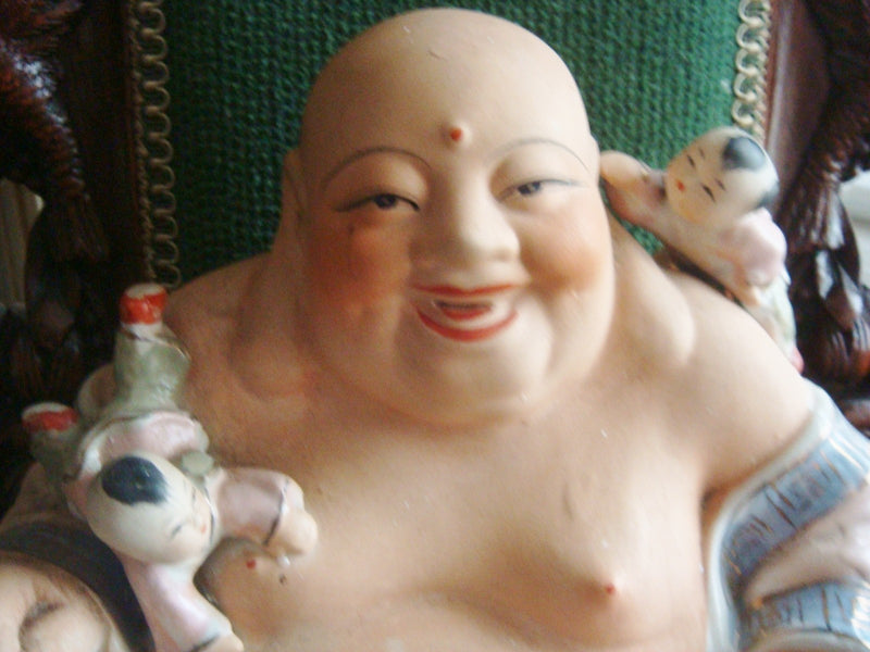 Chinese Famille Rose Porcelain Fertility Buddha Statue 11" tall  x 14"[2]