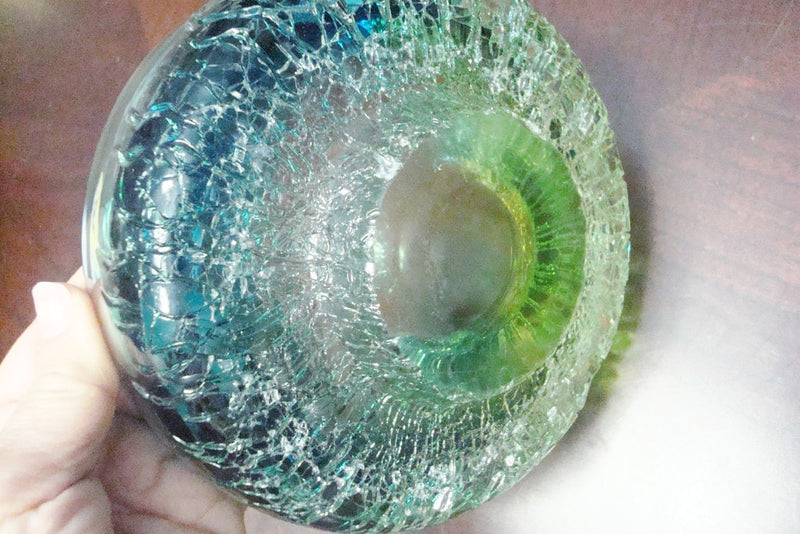 Signed footed  Kosta Scandinavian Ashtray BOWL CANDY DISH green crackled glass