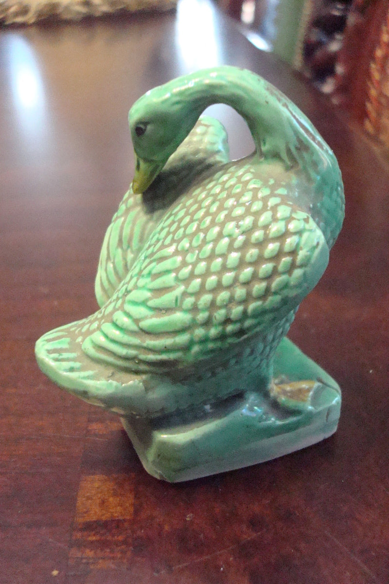 Antique Chinese Mud  Men Green Duck, 3" tall, c1900s[a8]