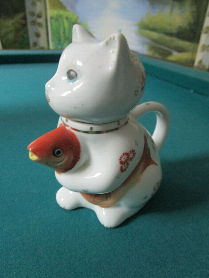Kitty Chinese Creamer 1 Cup Teapot Koi Fish Spout 5" Lucky Kitty Fig Pick 1 40c