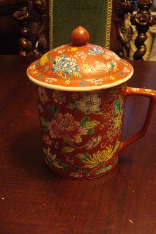 Chinese covered cup/handled/trinket/urn terracota color, marked [84C]