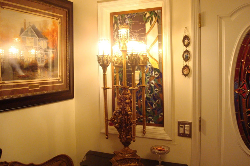 Banquet lamp 5 branches in metal, very mid- Century, crystal hex shaped teardrop