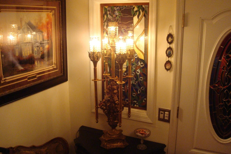 Banquet lamp 5 branches in metal, very mid- Century, crystal hex shaped teardrop