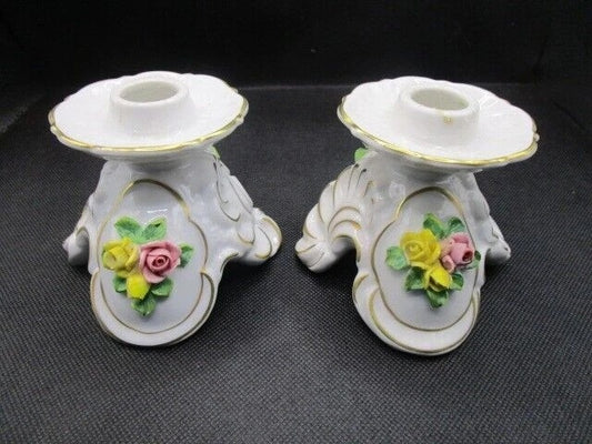 Pair German Dresden Porcelain Candle Stick Holders Pink Yellow Roses [95b]