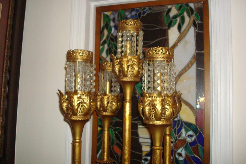 Banquet lamp 5 branches in metal, very mid- Century, crystal hex shaped teardrop