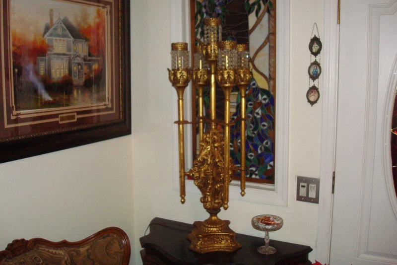 Banquet lamp 5 branches in metal, very mid- Century, crystal hex shaped teardrop