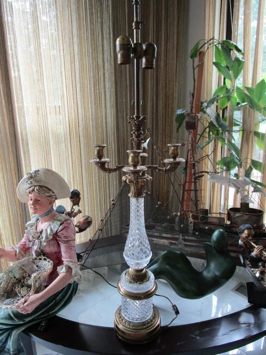 BANQUET LAMP BRONZE AND CRYSTAL CUT, 2 LIGHTS, 4 CANDLE HOLDERS