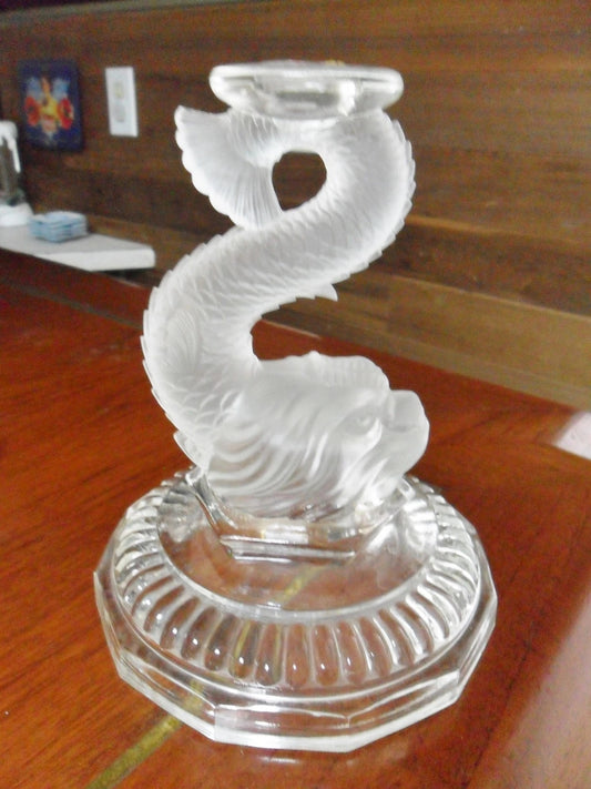Clear and Frosted Pressed Glass Dolphin Candlestick Holder RARE