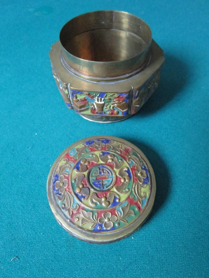ANTIQUE CHINESE METAL CLOISONNE ROUND INCENSE BURNER, COVERED 3 1/2 X 4 1/2"