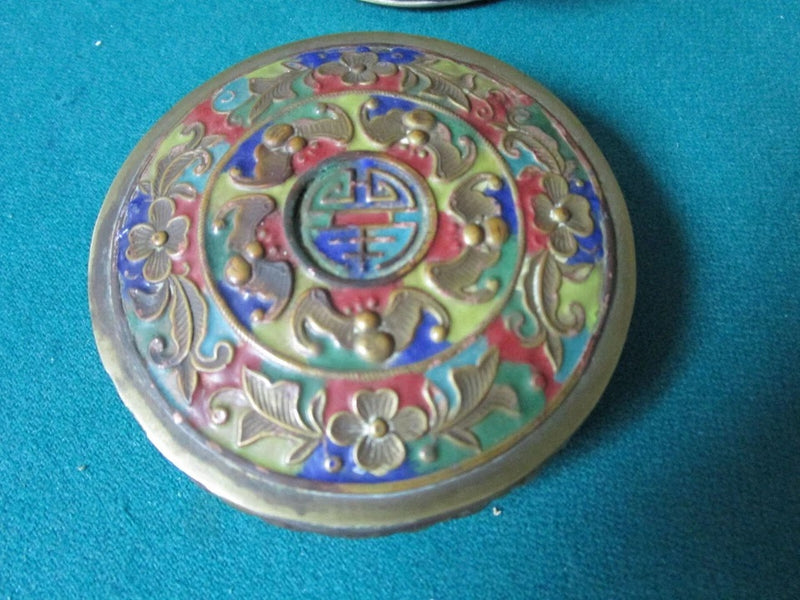 ANTIQUE CHINESE METAL CLOISONNE ROUND INCENSE BURNER, COVERED 3 1/2 X 4 1/2"