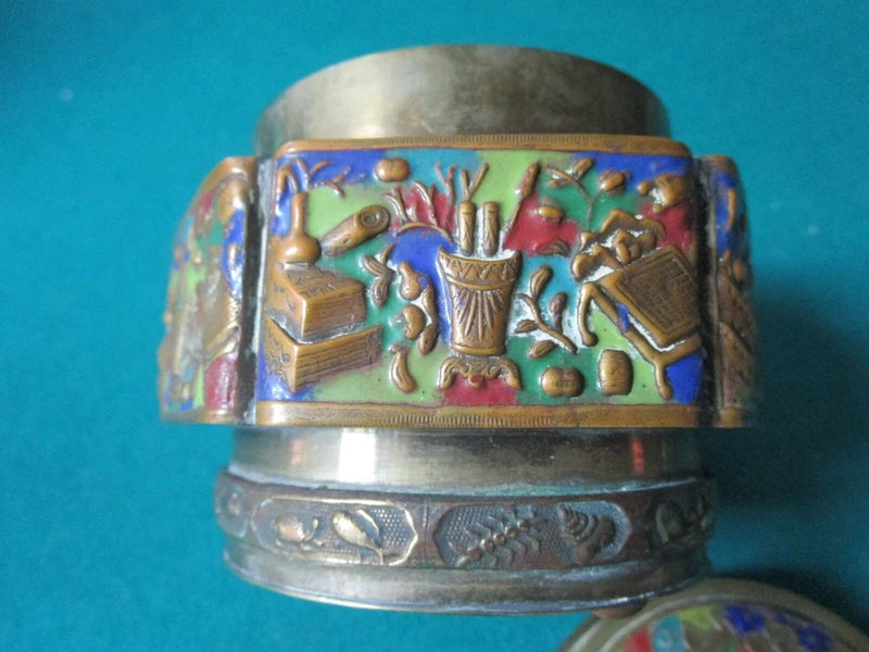 ANTIQUE CHINESE METAL CLOISONNE ROUND INCENSE BURNER, COVERED 3 1/2 X 4 1/2"