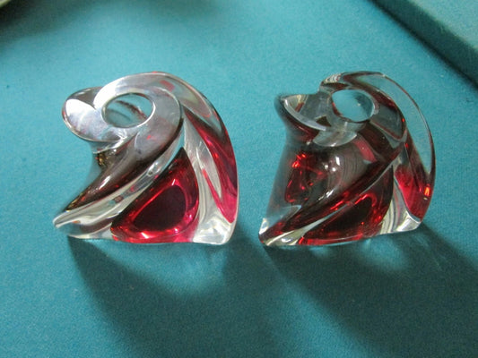 Val St Lambert France Signed Free Form Crystal Clear To Red Pair Candle Stick