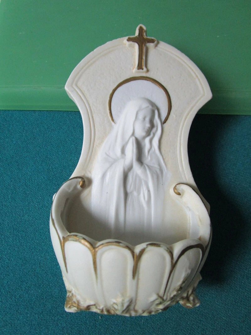 Holy Water Font Bisque And Gold  Made In Japan   Midcentury 6"