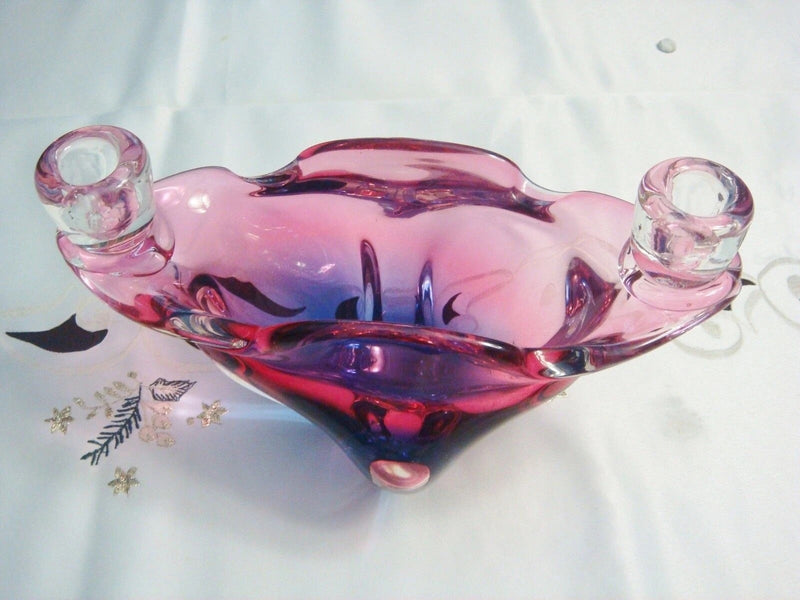 Chribska MidCentury Glass Double Candlestick Bohemian Czech Blown Josef Hospodk^