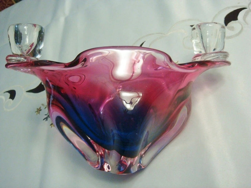 Chribska MidCentury Glass Double Candlestick Bohemian Czech Blown Josef Hospodk^