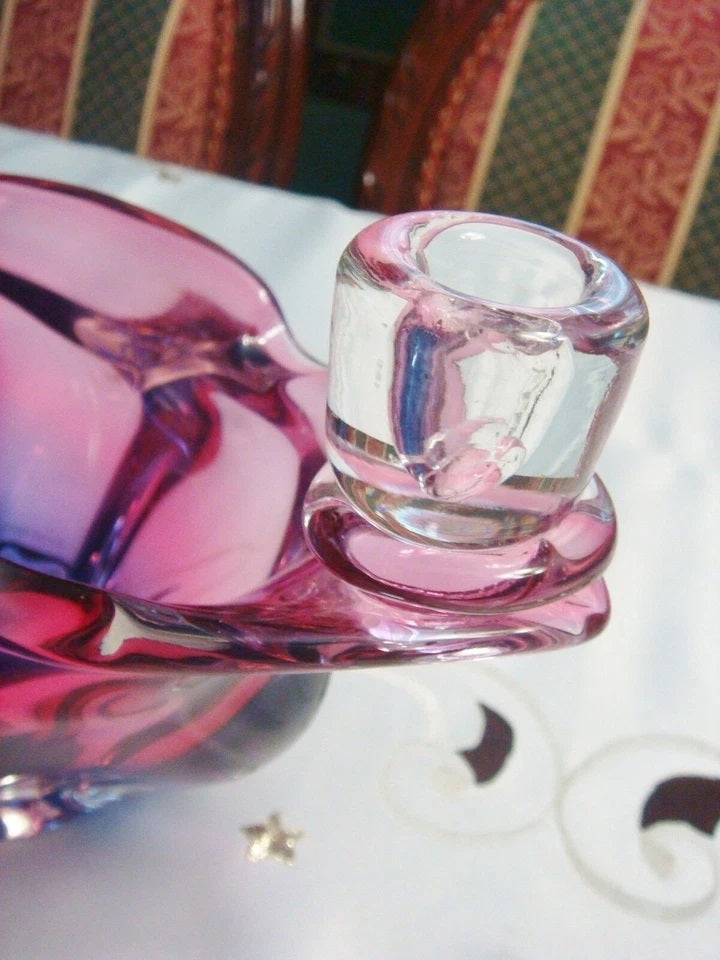 Chribska MidCentury Glass Double Candlestick Bohemian Czech Blown Josef Hospodk^