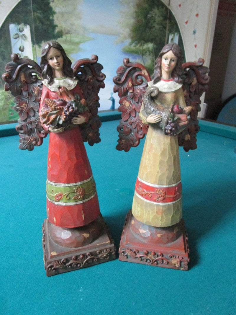 Hand Carved Pair Harvest Angels Sculpture 11" Christmas Decor ^^^