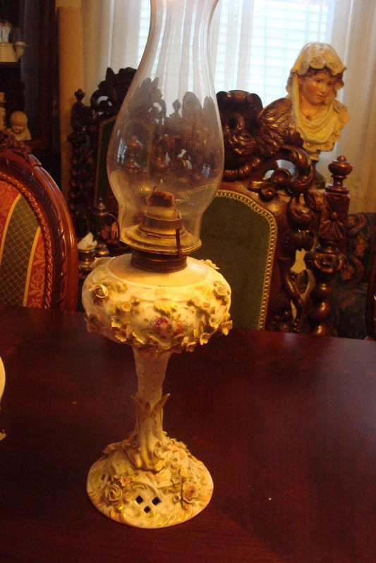 Oil Lamp, c1890s, Meissen/ Dresden encrusted flowers EAGLE  Burner