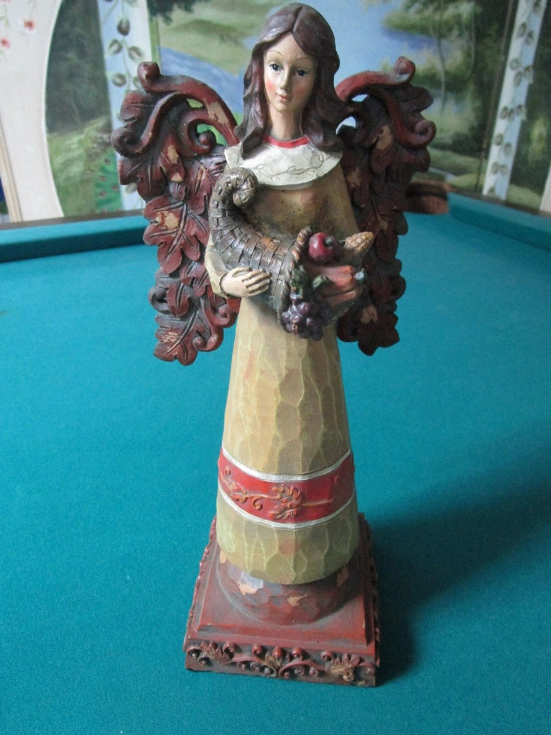 Hand Carved Pair Harvest Angels Sculpture 11" Christmas Decor ^^^
