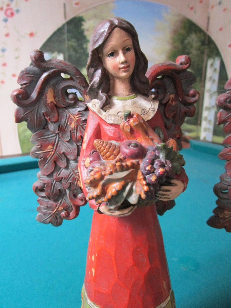 Hand Carved Pair Harvest Angels Sculpture 11" Christmas Decor ^^^